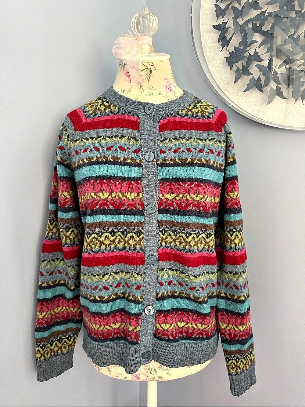Norm Thompson Vintage Fair Isle Striped Cardigan in Blue, Red and Teal